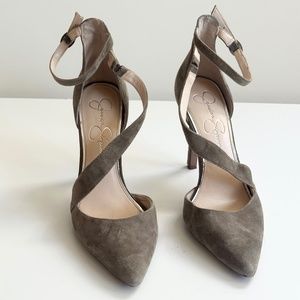 Jessica Simpson **Suede Taupe Strappy Heels. **ON TREND FALL 2023